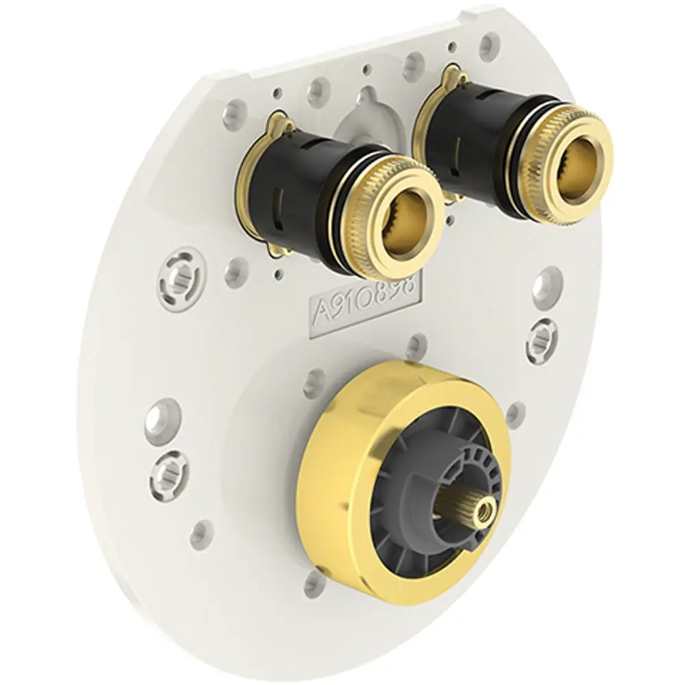 Montageplatte von Ideal Standard mit zwei Ventilanschlüssen und zentralem Verbindungselement, in einer runden, weißen Ausführung mit goldenen Akzenten.